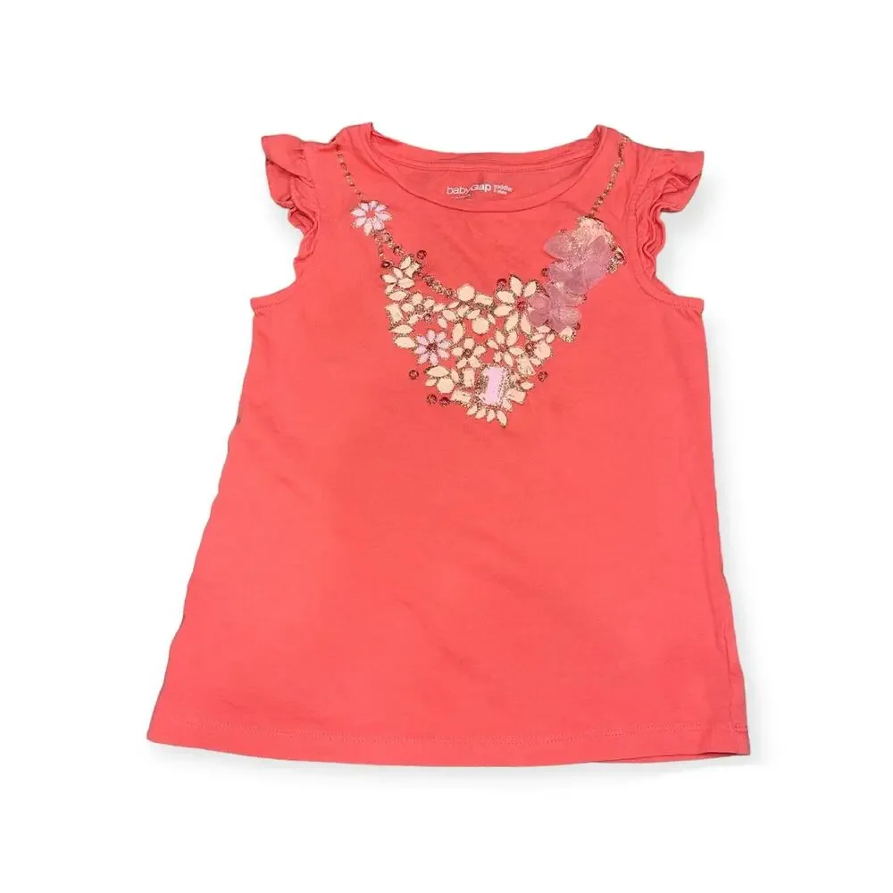Baby GAP 5T Short Sleeve Ruffle Coral Top Glitter Flower Embellished Necklace